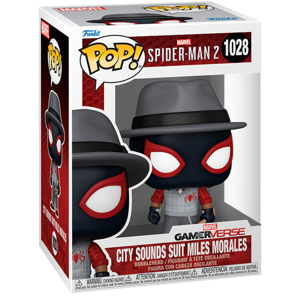 Figurine Funko POP de Spider-Man Miles Morales en costume City Sounds, vue avant avec détails colorés sur fond blanc