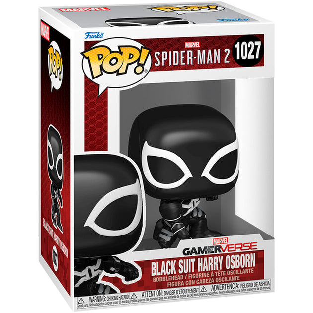 Figurine Funko POP de Harry Osborn en costume noir de Spider-Man, vue de face, 9 cm en vinyle dans sa boîte cadeau.