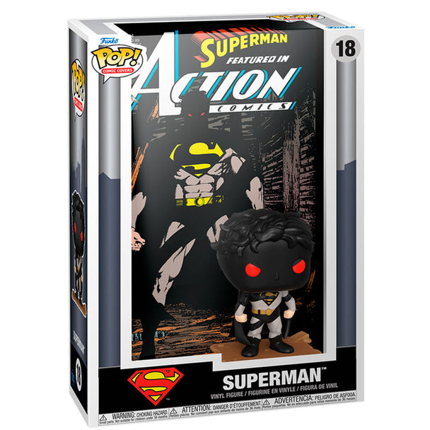 Figurine POP Funko Superman inspirée des couvertures de comics DC, posée sur fond blanc, montrant les détails précis du costume et du visage.