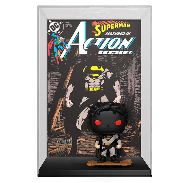 Vue rapprochée de la figurine POP Funko Superman Comic Covers avec éclairage mettant en valeur les couleurs vives et le design unique.