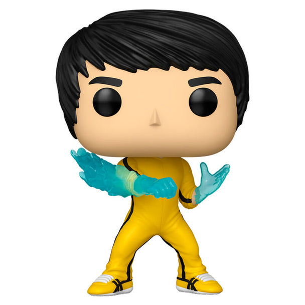 Vue rapprochée de la figurine Funko POP Bruce Lee avec détails précis et couleurs vives sur fond blanc