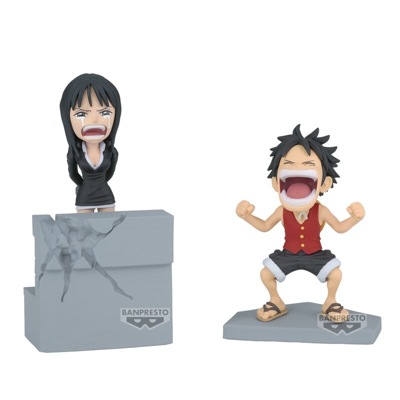 Figurine BANPRESTO One Piece Luffy & Nico Robin en position dynamique sur base 10cm