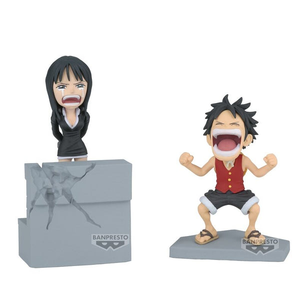 Figurine BANPRESTO One Piece Luffy & Nico Robin en position dynamique sur base 10cm