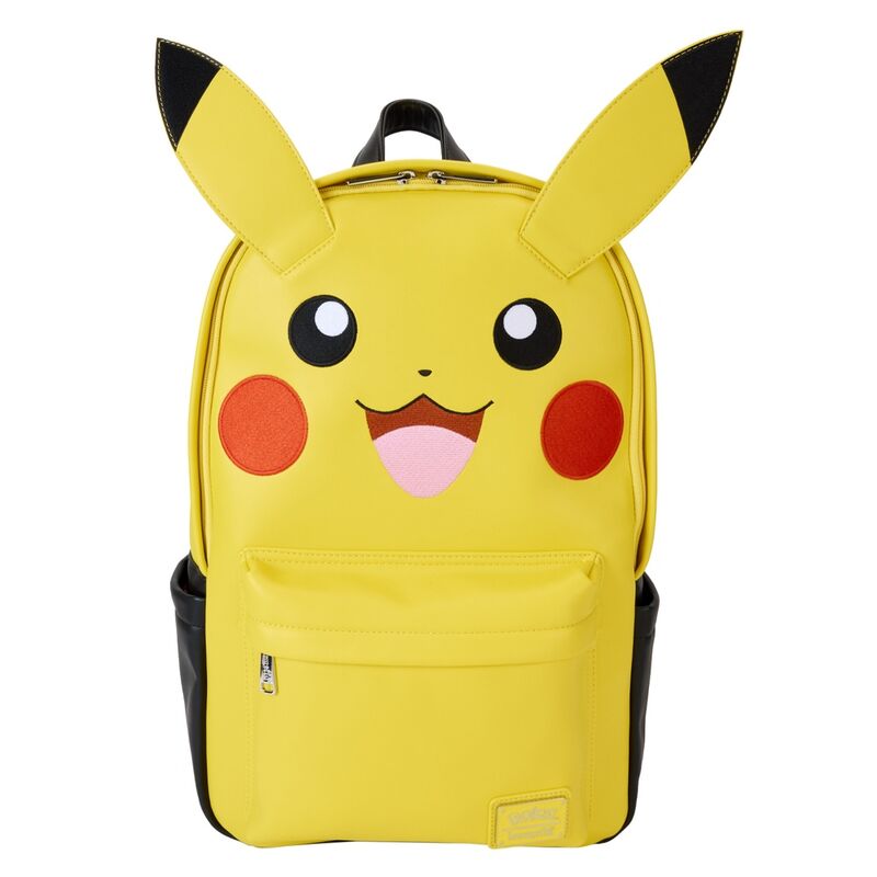 Vue avant du sac à dos Loungefly Pokémon Pikachu en nylon avec détails imprimés et appliqués
