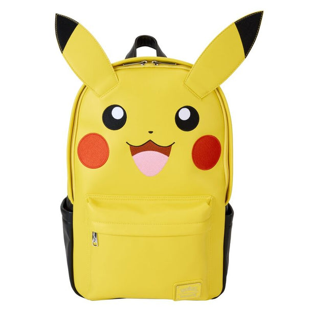 Vue avant du sac à dos Loungefly Pokémon Pikachu en nylon avec détails imprimés et appliqués