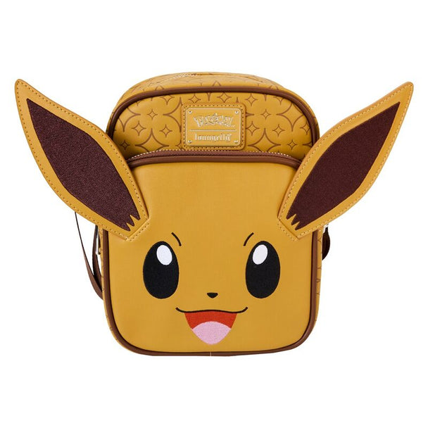 Vue de face du sac épaule Loungefly Pokémon Eevee en simili cuir vegan avec détails brodés et poche avant zippée.