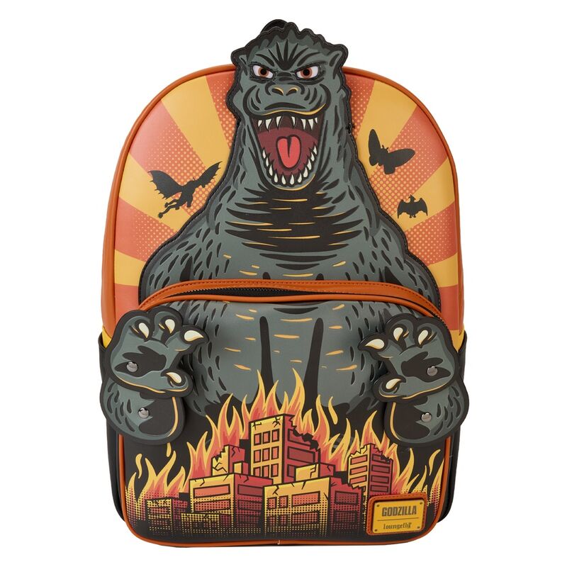 Vue avant du sac à dos Loungefly Godzilla Toho en simili cuir vegan avec fermeture éclair et détails embossés