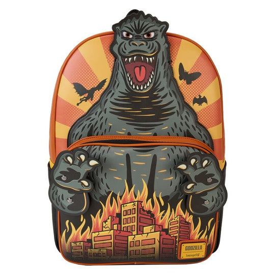Vue avant du sac à dos Loungefly Godzilla Toho en simili cuir vegan avec fermeture éclair et détails embossés