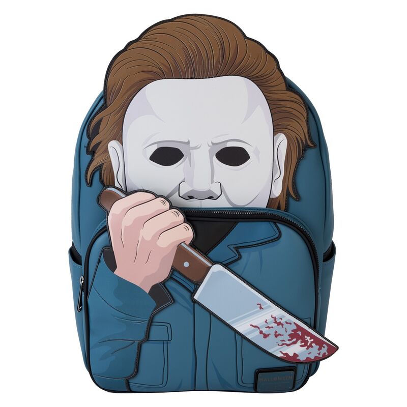 Vue de face du sac à dos Loungefly Michael Myers Halloween en cuir vegan avec détails phosphorescents et brodés