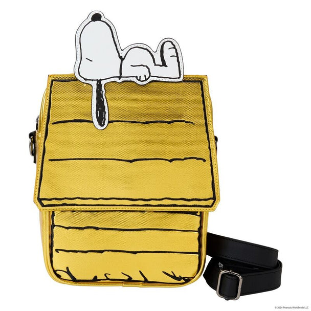 Sac bandoulière Loungefly Snoopy 75e Anniversaire en cuir vegan avec Snoopy endormi sur sa niche, vue de face