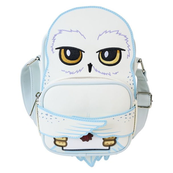 Sac bandoulière Loungefly Hedwig Harry Potter en simili cuir vegan avec détails argentés sur fond blanc