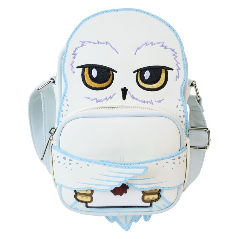 Sac bandoulière Loungefly Hedwig Harry Potter en simili cuir vegan avec détails argentés sur fond blanc