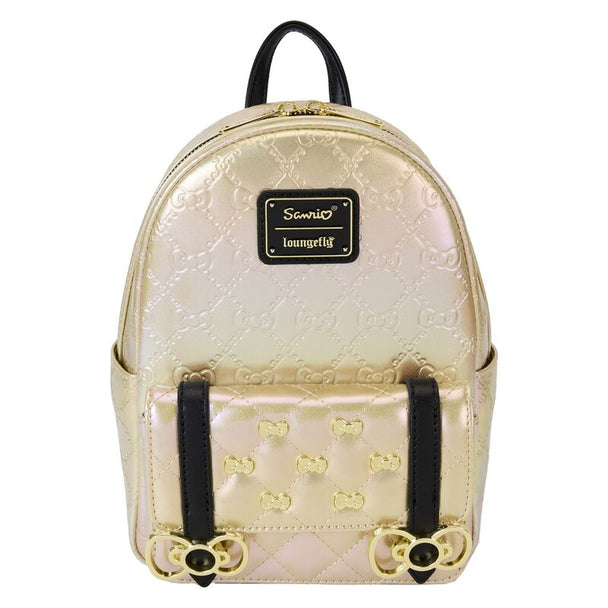 Vue de face du sac à dos Loungefly Hello Kitty 50e anniversaire en cuir vegan métallisé avec détails dorés