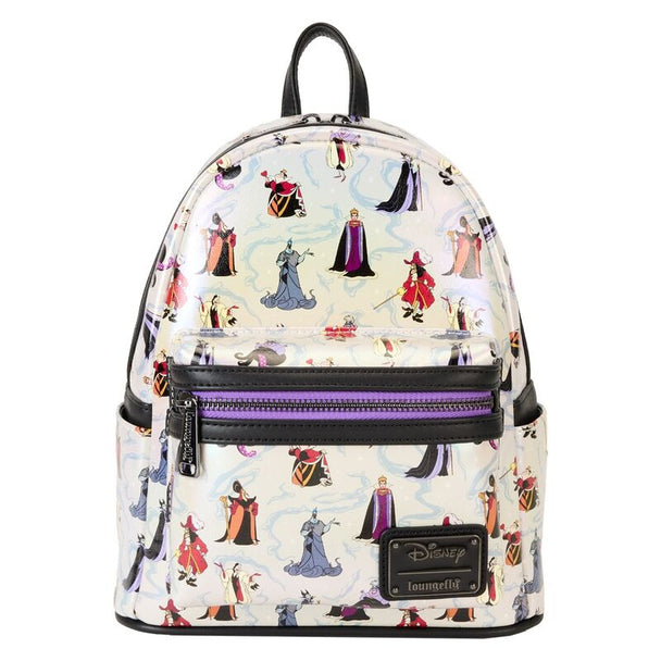 Vue de face du sac à dos Loungefly Disney Villains en simili cuir vegan avec détails irisés et imprimés colorés