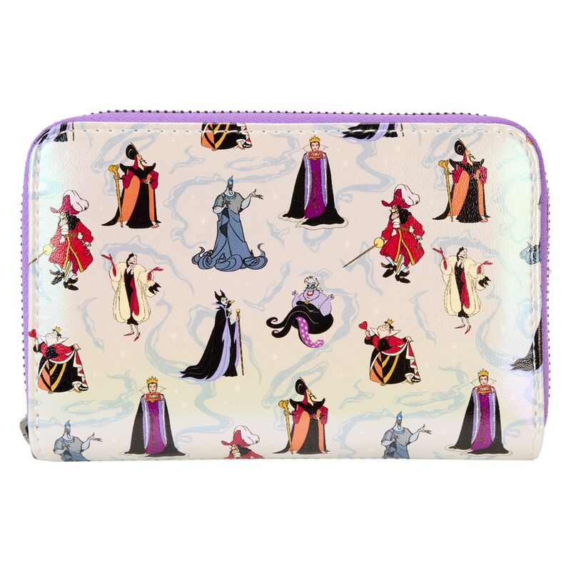 Vue de face du portefeuille Loungefly Disney Villains en cuir vegan avec détails irisés et fermeture zippée bronze