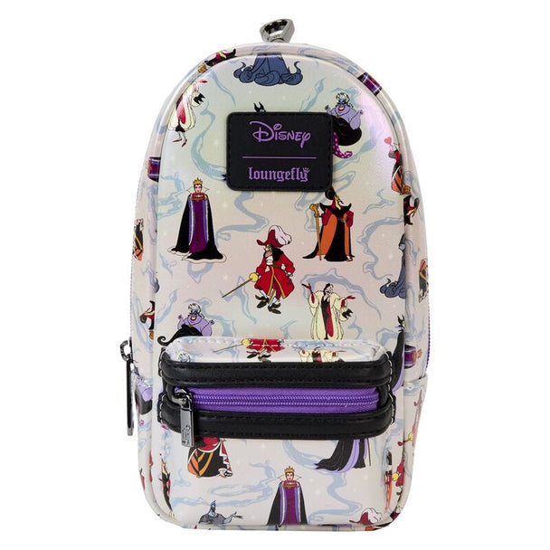 Trousse Loungefly Disney Villains en cuir vegan iridescent vue de face avec détails imprimés et fermeture zippée bronze