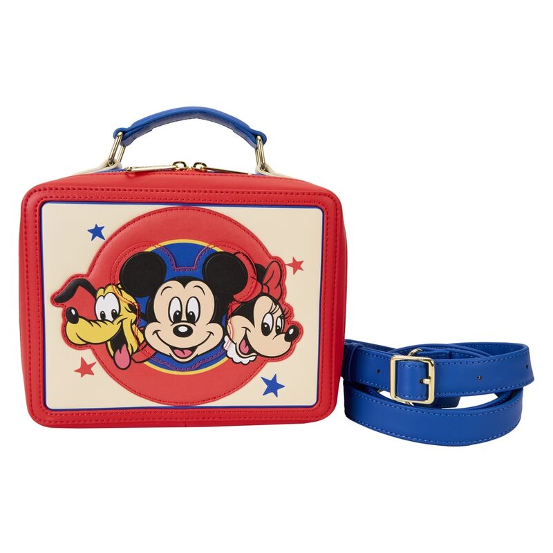 Sac bandoulière Loungefly Disney Mickey and Friends en cuir vegan présenté de face avec illustrations colorées