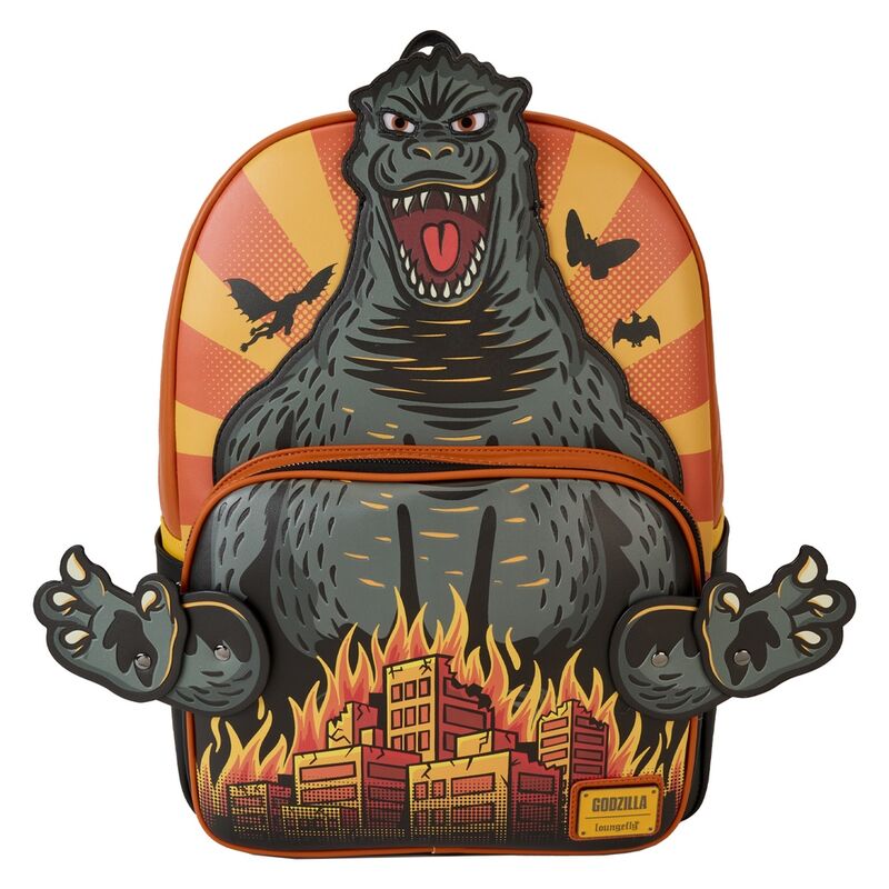 Détail des panneaux latéraux du sac à dos avec le nom Godzilla en caractères japonais brodés
