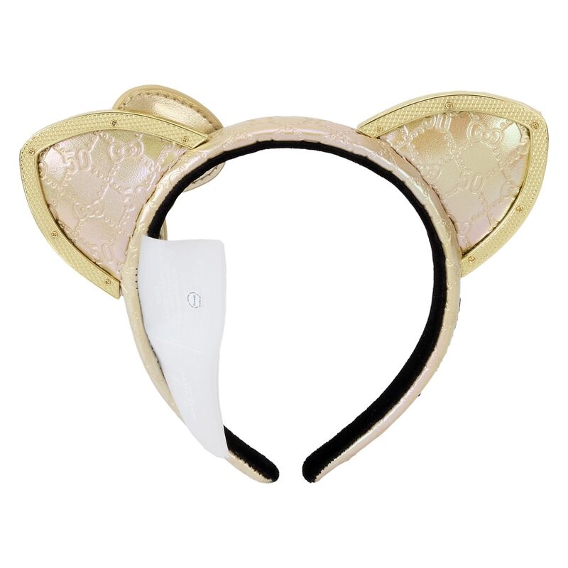 Gros plan sur les finitions dorées brillantes et les détails appliqués du serre-tête Hello Kitty Loungefly