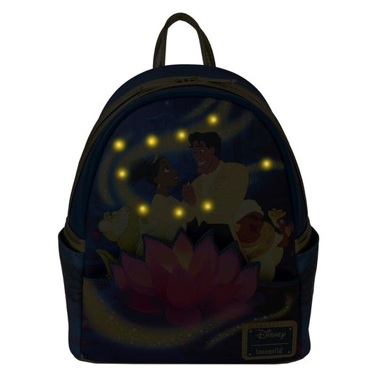 Zoom sur les détails embossés et métalliques du sac à dos Disney La Princesse et la Grenouille 15e anniversaire