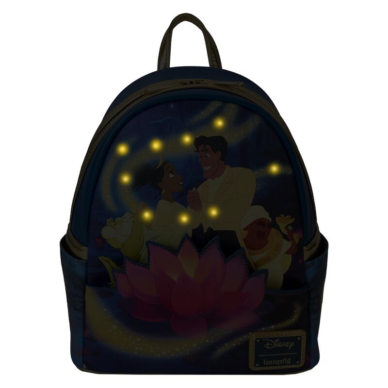 Zoom sur les détails embossés et métalliques du sac à dos Disney La Princesse et la Grenouille 15e anniversaire