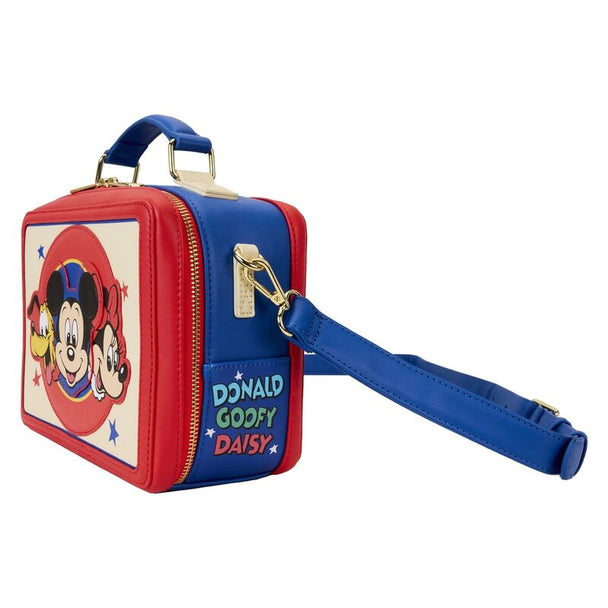 Vue latérale du sac Loungefly montrant les panneaux illustrés et la bandoulière ajustable rembourrée
