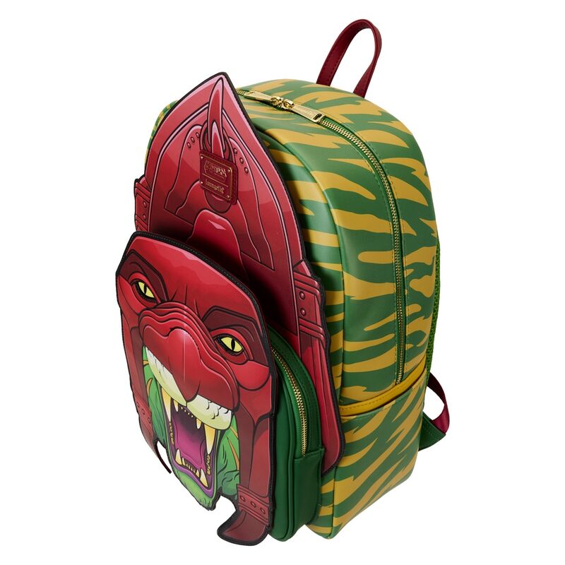 Poche avant zippée du sac à dos Battle Cat avec design vert et jaune inspiré de Masters of the Universe