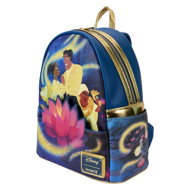 Poche avant zippée du sac à dos Loungefly avec fermeture éclair dorée brillante et design imprimé