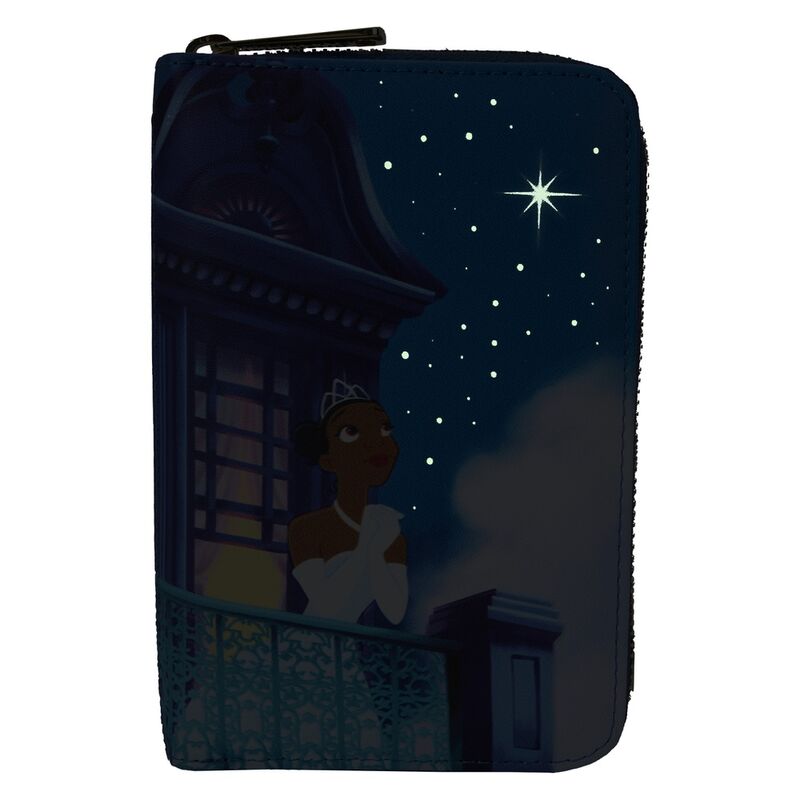 Vue du portefeuille Loungefly avec détails imprimés et éléments phosphorescents visibles dans l'obscurité