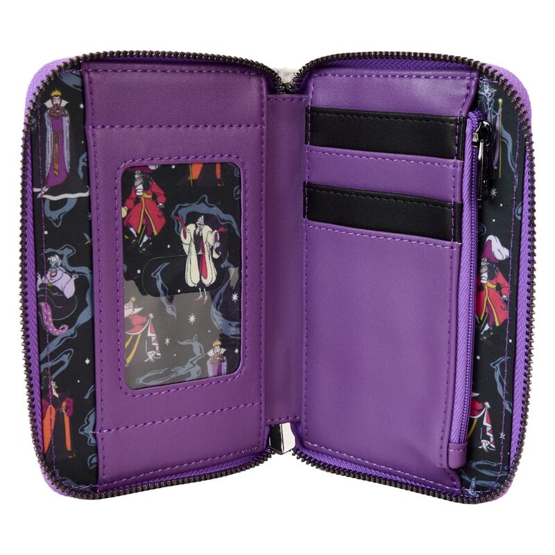 Image du portefeuille Loungefly Disney Villains posé, mettant en valeur la doublure intérieure assortie et la fermeture zippée