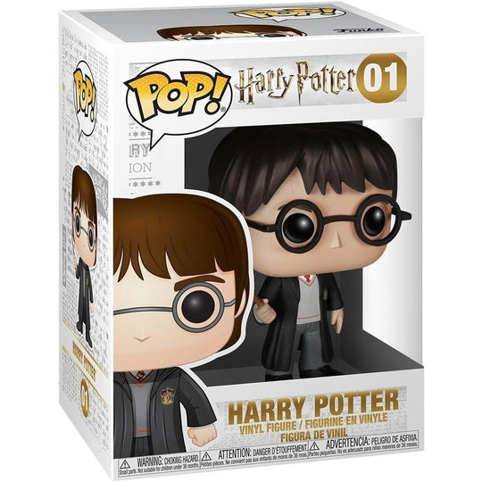 Vue latérale de la figurine POP Harry Potter Gryffindor en vinyle avec sa baguette magique