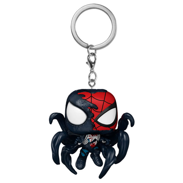 Porte-clés Funko Pocket POP représentant Spider-Man 2 en costume avancé 2.0 Symbiote Takeover vu de face, fond blanc