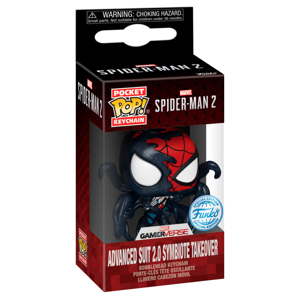 Vue rapprochée du porte-clés Funko Pocket POP Spider-Man 2 Symbiote Takeover montrant les détails du costume et la finition soignée