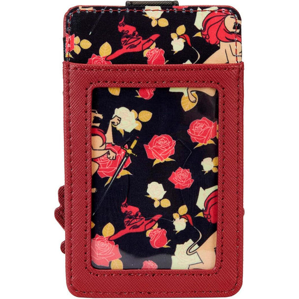 Gros plan sur le motif tatouage rouge et or Gryffindor du porte-cartes Loungefly