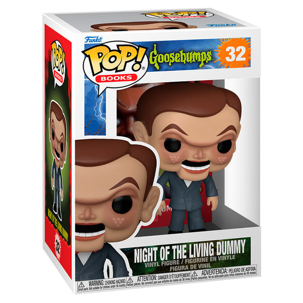 Détail de la figurine Funko POP Night of the Living Dummy avec ses couleurs vives et son design soigné, présentée sur fond blanc