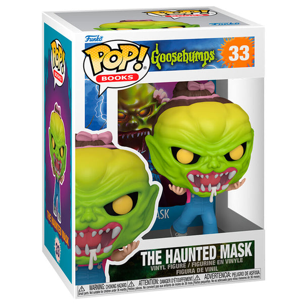 Détail de la figurine Funko POP The Haunted Mask, montrant le masque hanté et les couleurs vives du personnage.