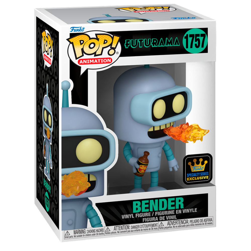 Vue rapprochée de la figurine Bender Funko POP avec détails précis sur le visage et le corps