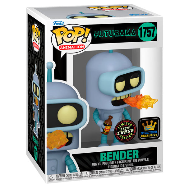 Vue rapprochée de la figurine Funko POP Bender Chase Futurama montrant les détails et couleurs du vinyle