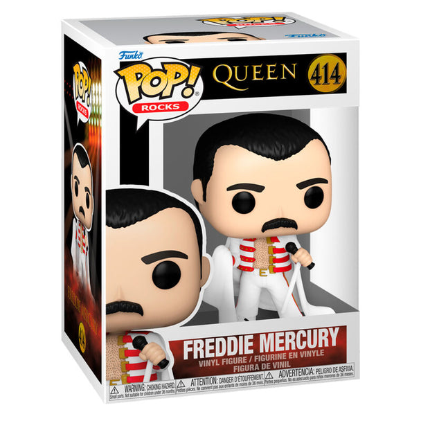 Figurine Funko POP de Freddie Mercury en vinyl de 9 cm avec sa tenue iconique et micro à la main.