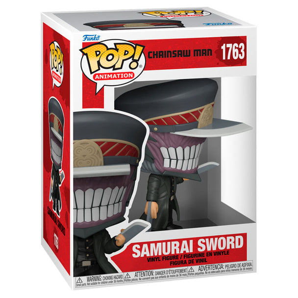 Figurine Funko POP Chainsaw Man samouraï avec épée, vue avant en vinyle 9 cm dans sa boîte cadeau