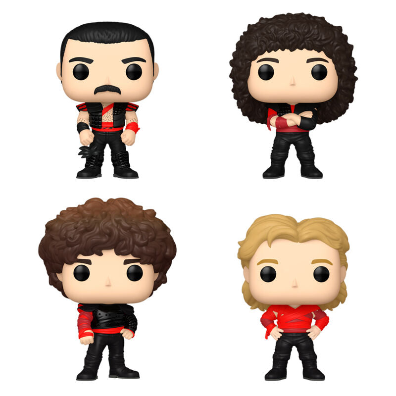 Vue rapprochée des détails des 4 figurines Funko POP représentant les membres du groupe Queen