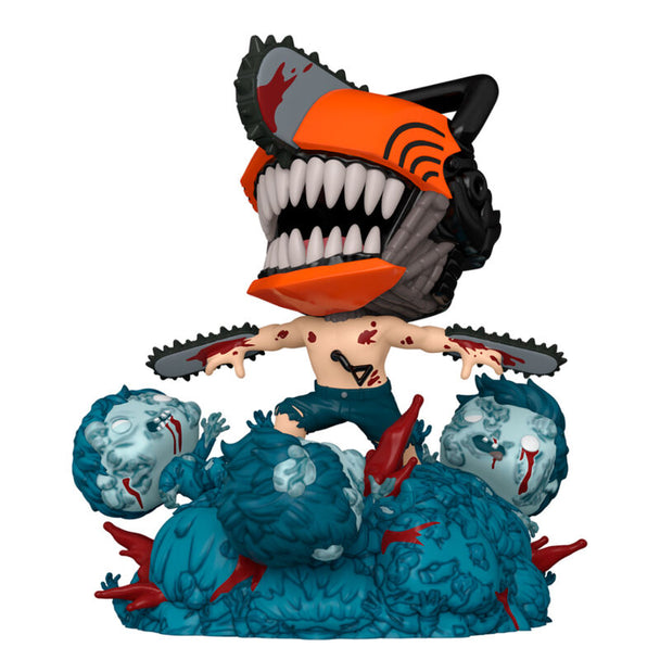 Figurine POP Deluxe Chainsaw Man de Funko en position dynamique montrant la tronçonneuse et les finitions