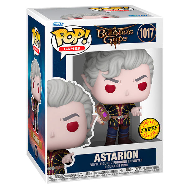 Vue rapprochée de la figurine Funko POP Astarion avec détails précis du visage et costume dans sa boîte