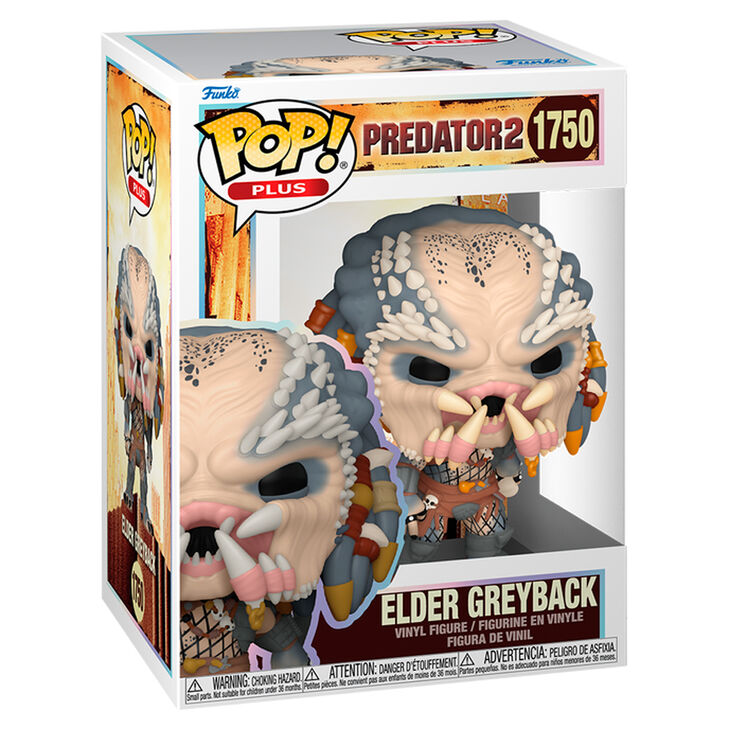 Vue latérale de la figurine Funko POP Elder Greyback Predator 2 avec détails précis et boîte collector