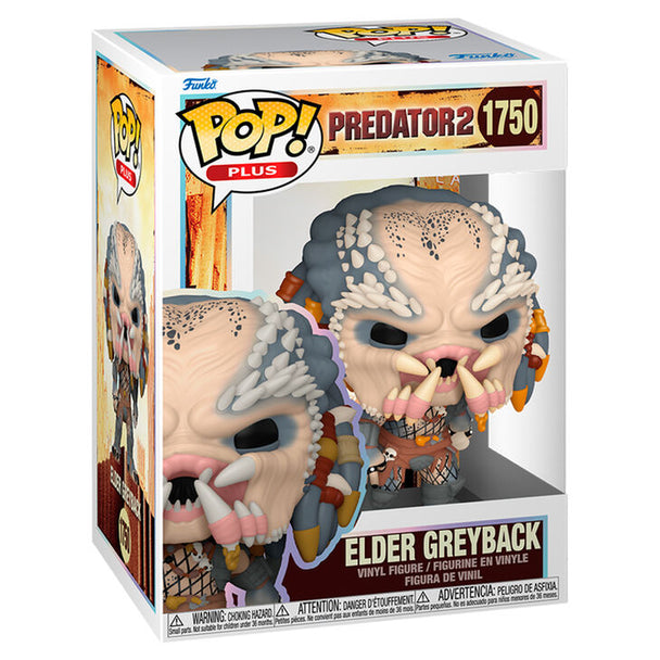 Vue latérale de la figurine Funko POP Elder Greyback Predator 2 avec détails précis et boîte collector