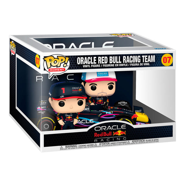 Figurine FUNKO POP Moment Racing Red Bull Team affichée sur fond clair montrant les détails du casque et de la tenue