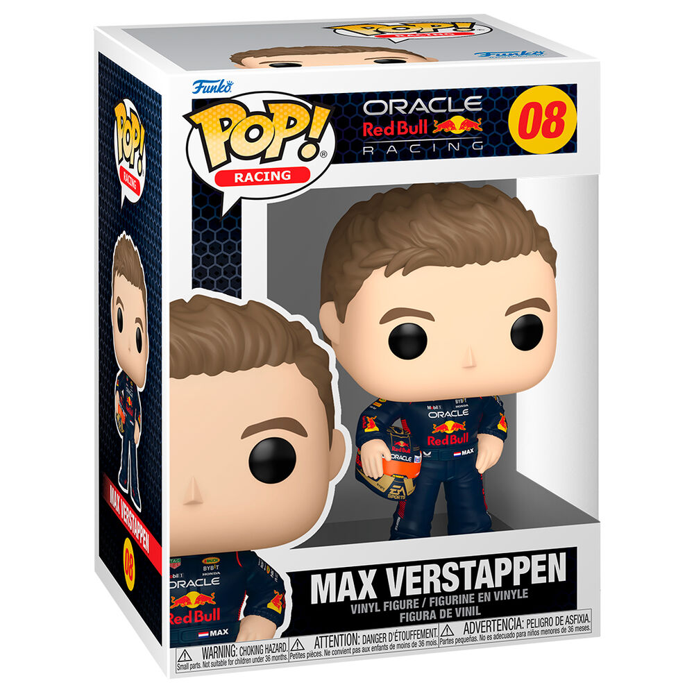 Boîte cadeau officielle de la figurine Funko POP Racing Max Verstappen, avec logo et design coloré