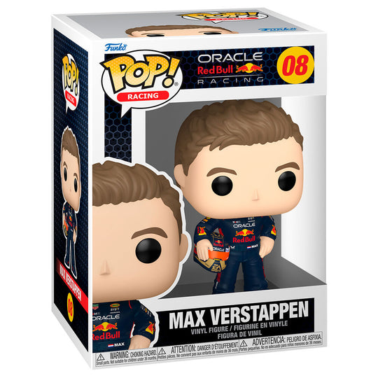 Boîte cadeau officielle de la figurine Funko POP Racing Max Verstappen, avec logo et design coloré