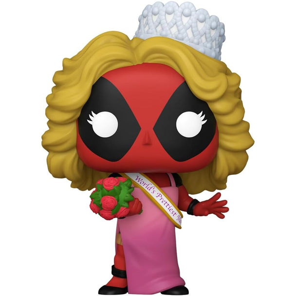 Vue rapprochée de la figurine Deadpool Beauty Pageant Funko POP montrant les détails du visage et du costume
