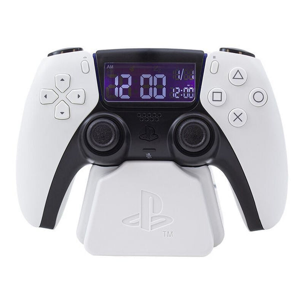 Réveil PALADONE PlayStation PS5 de 15 cm avec design manette et écran LCD digital, alimenté par USB.